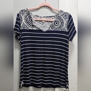 Hatley Navy Striped Short Sleeve Top Mosaic Print Yoke Casual Size L